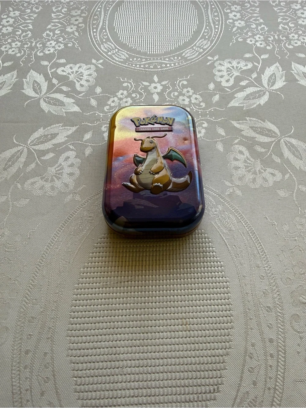 Pokemon Mini Tin Case with Yellow Dragonite and Purple-Orange Gradient